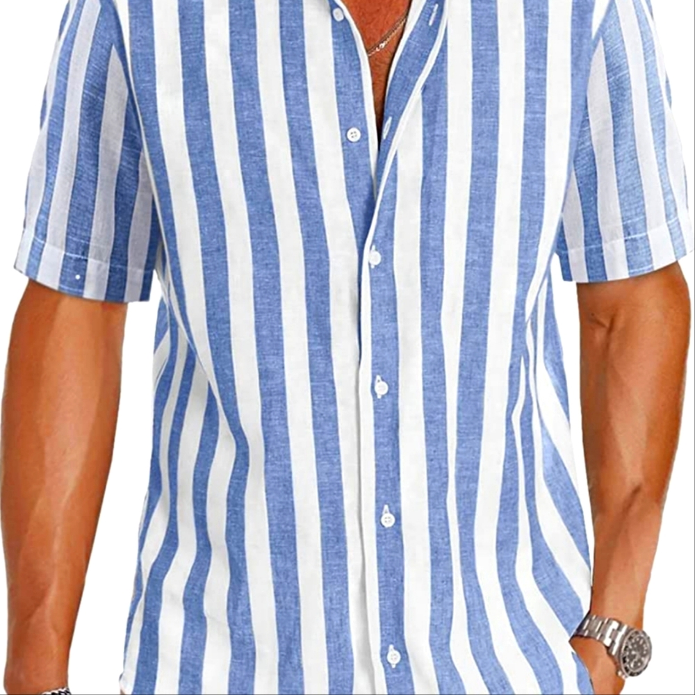 Men's Casual Short Sleeve Button-Up Striped Dress Shirts Cotton Shirt